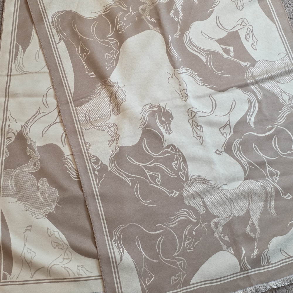 Equestrian Horse Print Scarf in Taupe and Cream - Picture 1 of 5